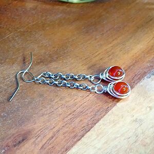 Carnelian Agate Crystal Beaded Dangle Earrings, Silver Gemstone Boho